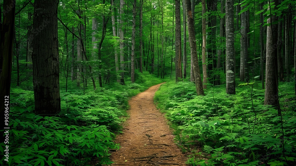 Fototapeta premium Pathway through a lush green forest with tall trees