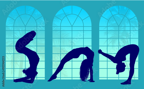 vector silueta femenina, yoga, ballet, estiramientos, deporte, flexibilidad, postura yoga, ventanal, contra luz