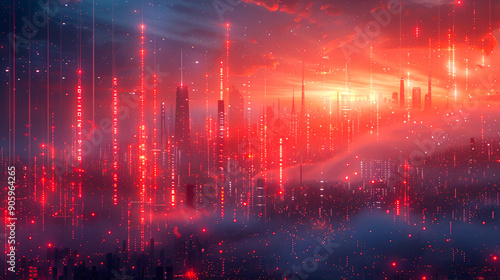 Futuristic Cityscape with Floating Statistical Graphs and Metrics for Analytics Concept