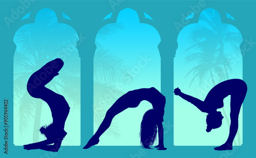 vector silueta femenina, yoga, ballet, estiramientos, deporte, flexibilidad, postura yoga, ventanal, contra luz