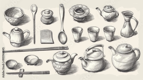 Hand drawn oriental tea ceremony utensils in a horizontal layout photo