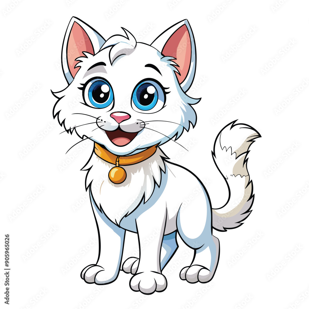 White Cartoon Cat with Orange Collar and Blue Eyes White Cartoon Cat with Orange Collar and Blue Eyes