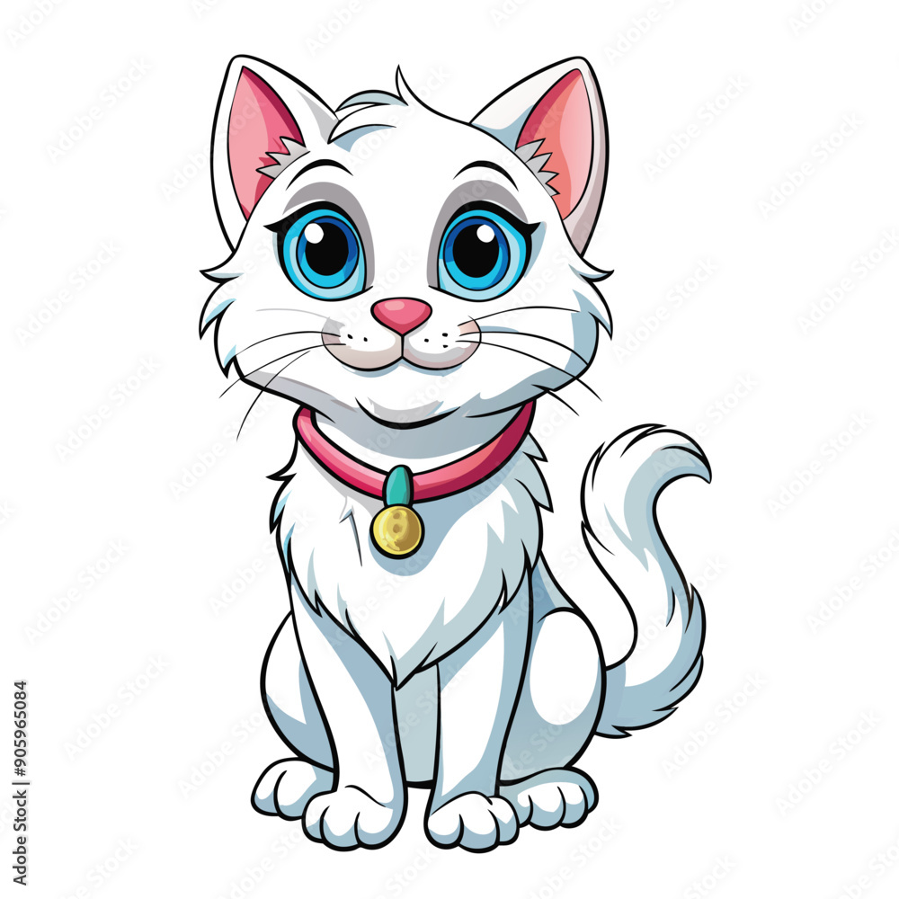 White Cat with Pink Collar and Blue Eyes Sitting White Cat with Pink Collar and Blue Eyes Sitting