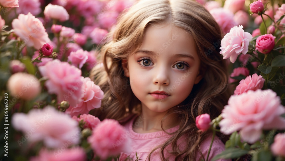 Close up beautiful little girl model in the middle of a pink flower garden Close up beautiful little girl model in the middle of a pink flower garden
