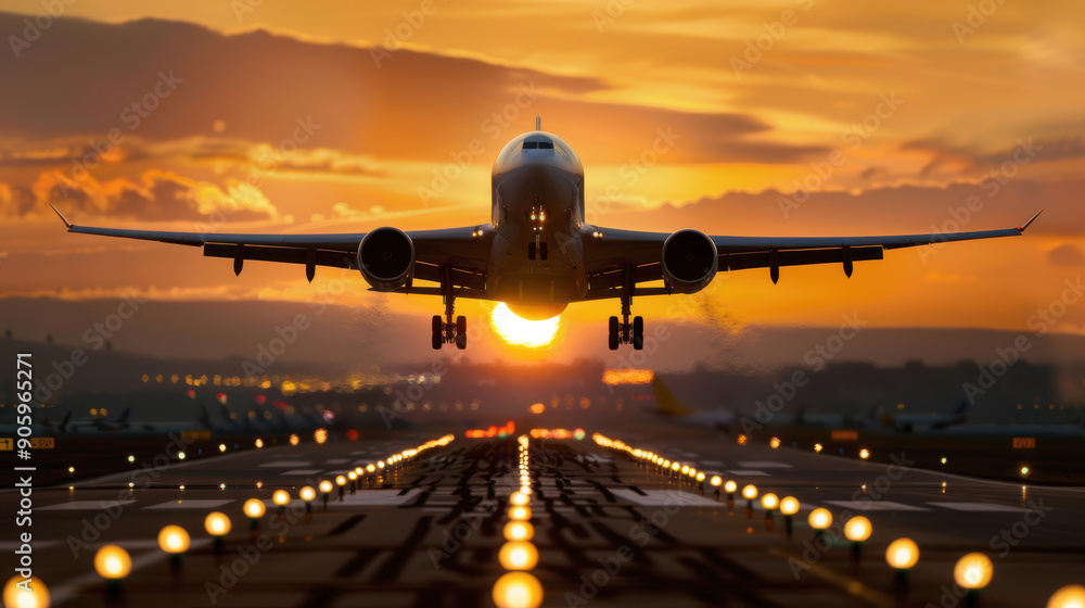 airplane taking off from the runway, sunset in background. AI generative. airplane taking off from the runway, sunset in background. AI generative.