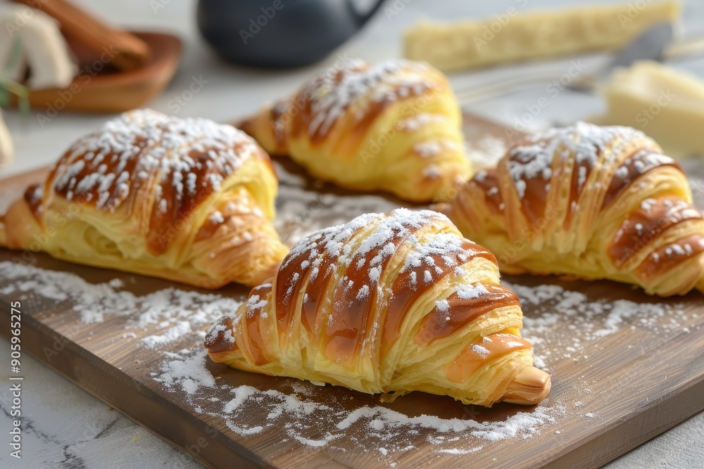 Freshly Baked Croissants with Powdered Sugar on a Wooden Cutting Board Freshly Baked Croissants with Powdered Sugar on a Wooden Cutting Board