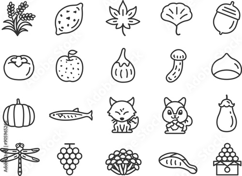 秋のアイコン（線画）のイラストセット