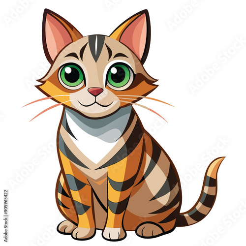 A Cartoon Tabby Cat Sitting with Big Green Eyes