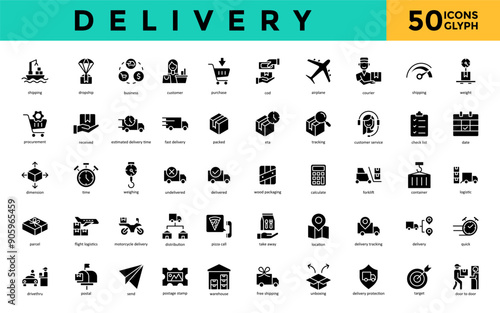 Delivery icon set with shipping, dropship, business, customer, purchase, cod, airplane, courier, weight, procurement icon. Simple glyph vector 
