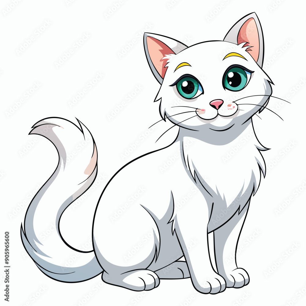 A Cartoon Illustration of a White Cat with Big Green Eyes A Cartoon Illustration of a White Cat with Big Green Eyes