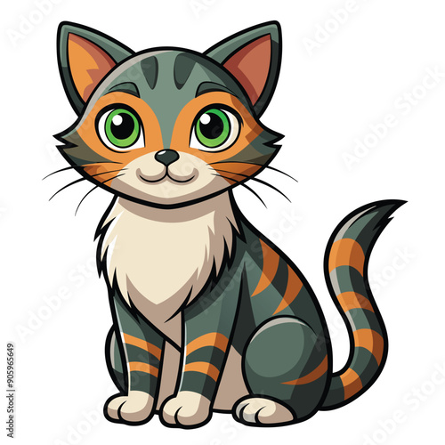Cartoon illustration of a cute, striped, green-eyed cat sitting.