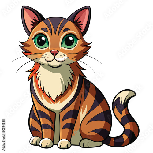 Cartoon Illustration of a Striped Cat with Green Eyes