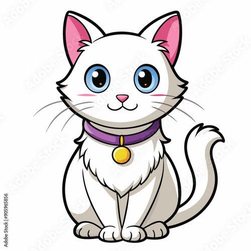 Cute Cartoon White Cat with Pink Ears and a Purple Collar