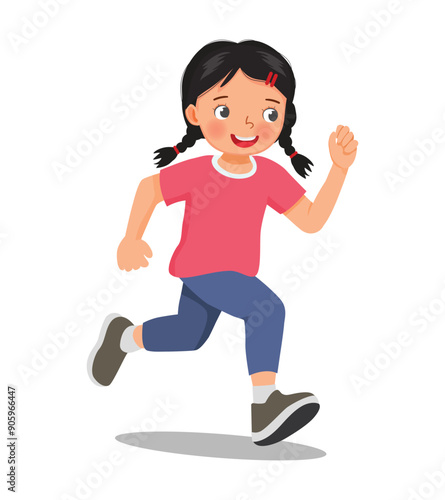 Cute little girl running jogging on the road