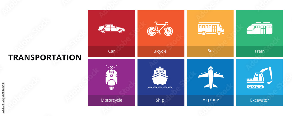 Transportation Glyph Solid Banner Web Icon Set Vector Illustration, Car Bicycle Bus Train Motorcycle Ship Airplane Excavator Transportation Glyph Solid Banner Web Icon Set Vector Illustration, Car Bicycle Bus Train Motorcycle Ship Airplane Excavator