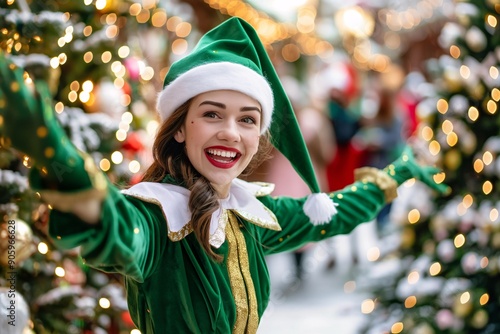 A festive elf costume with a green tunic, striped tights, and a pointy hat.