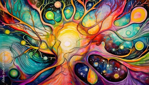 A vibrant explosion of colors depicts an abstract tree with intertwining branches reaching out in various direction, creating a sense of cosmic energy and motion.