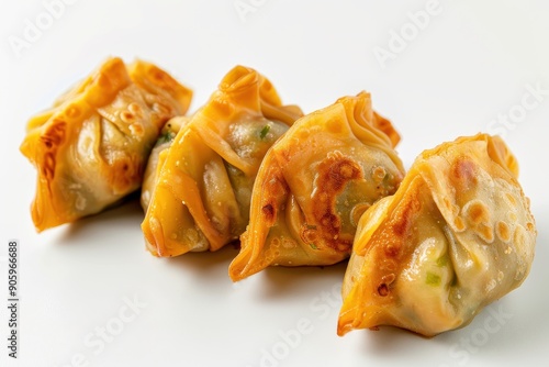 Four Crispy Fried Dumplings on a White Plate photo