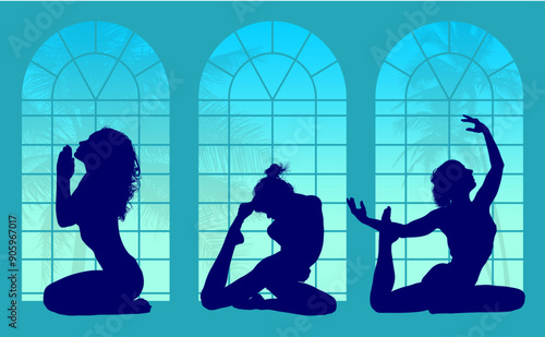 vector silueta femenina, yoga, ballet, estiramientos, deporte, flexibilidad, postura yoga, ventanal, contra luz