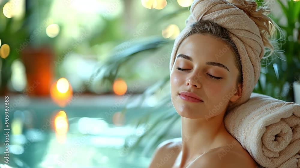 At a luxurious resort or hotel, a woman patron is indulging in a beauty skin recreation salon spa treatment and a soothing anti-stress spa massage. At a luxurious resort or hotel, a woman patron is indulging in a beauty skin recreation salon spa treatment and a soothing anti-stress spa massage.
