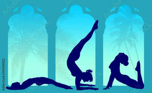 vector silueta femenina, yoga, ballet, estiramientos, deporte, flexibilidad, postura yoga, ventanal, contra luz