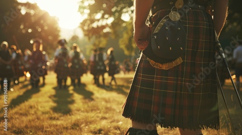 Close-up of a man's kilt with golden sunlight reflecting on the fabric.