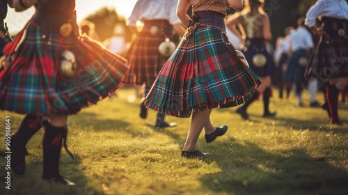 Closeup of a woman's legs in a kilt, dancing in a field.