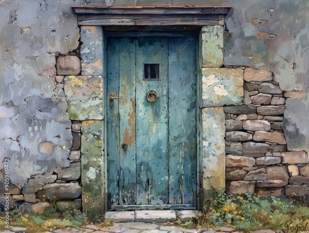 Naklejka premium single door on a rustic stone wall background