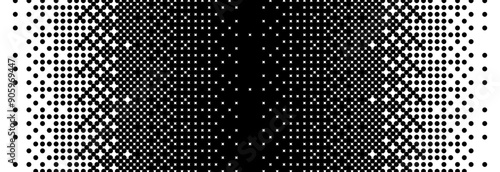 Fading bitmap gradient texture. Black and white dither pattern background. Abstract pixelated glitchy overlay. 8 bit video game screen wallpaper. Vanishing halftone backdrop. Vector retro pixel art
