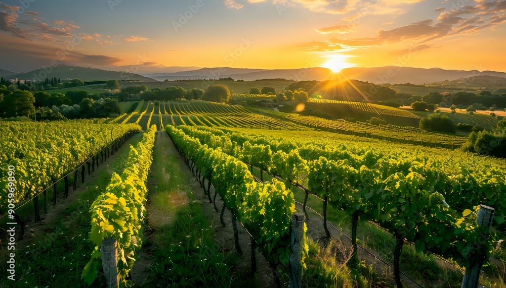 Fototapeta premium Golden Hour Vineyard Sunset: Tuscany, Italy, Wine, Grapes, Landscape