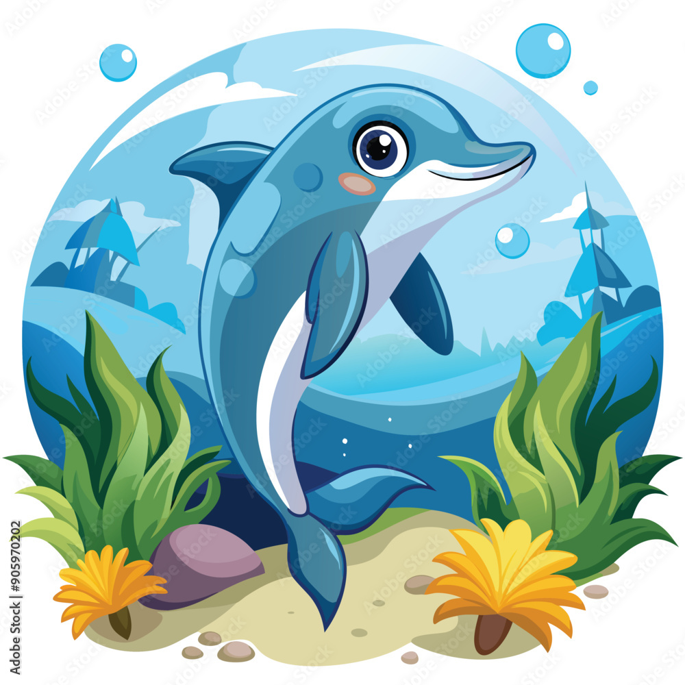 Obraz premium Cartoon Dolphin Jumping Out of the Water with a Happy Expression