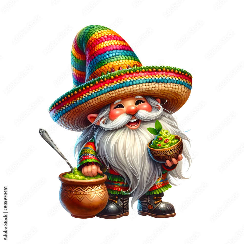 Fototapeta premium Gnome Mexican holding a bowl of guacamole