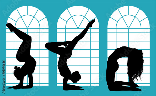 vector silueta femenina, yoga, ballet, estiramientos, deporte, flexibilidad, postura yoga, ventanal, contra luz
