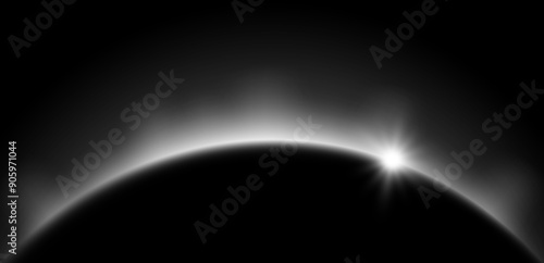 White planet eclipse concept. Solar light silver glare effect. Glowing sunrise horizon in dark space. Shining edge earth halo. Vector illustration design for poster, banner, cover, brochure, booklet