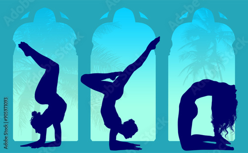 vector silueta femenina, yoga, ballet, estiramientos, deporte, flexibilidad, postura yoga, ventanal, contra luz