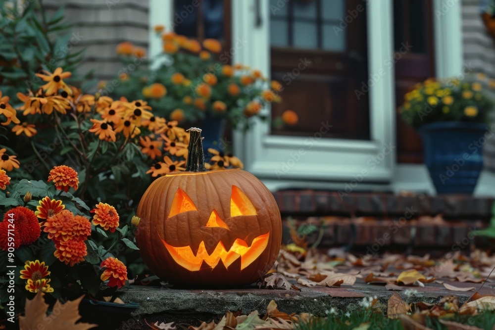 Obraz premium Lit Jack-o'-Lantern on a Porch Step with Autumn Leaves and Flowers