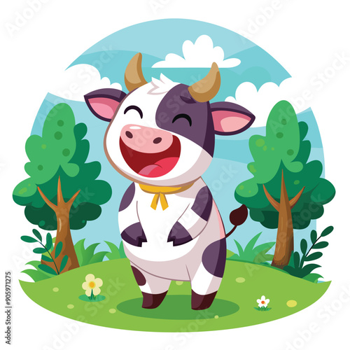 Cartoon Cow with Black and White Spots Laughing in a Field