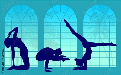 vector silueta femenina, yoga, ballet, estiramientos, deporte, flexibilidad, postura yoga, ventanal, contra luz