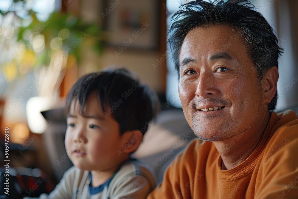 Asian father and son having a friendly competition while playing video games Asian father and son having a friendly competition while playing video games