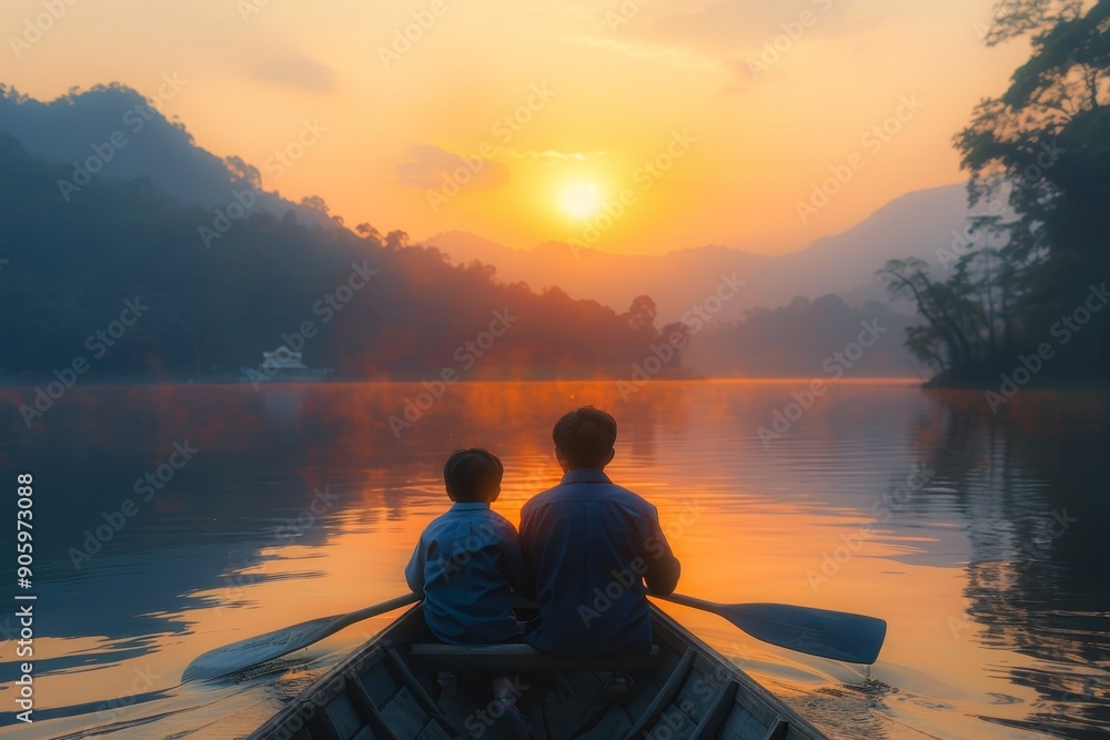 Asian father and children enjoying a sunset boat ride on a calm lake