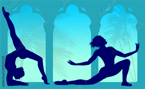 vector silueta femenina, yoga, ballet, estiramientos, deporte, flexibilidad, postura yoga, ventanal, contra luz