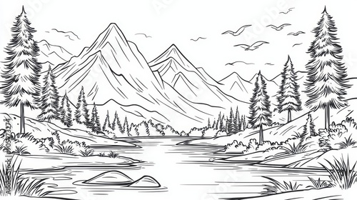 Serene mountain landscape with river and trees coloring page for kids to relax and learn about nature