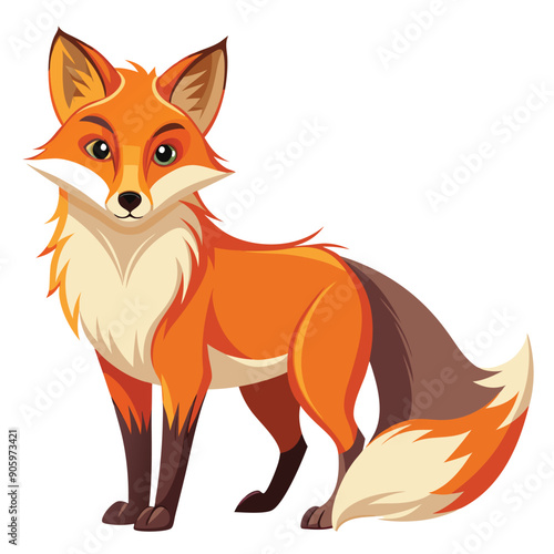 A Cartoon Red Fox Standing with its Tail Curved Behind It