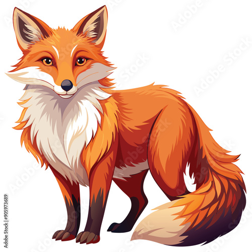 A red fox standing with its tail curled behind it
