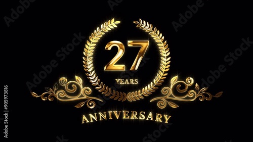 27th Anniversary Celebration. Happy 27 Years Anniversary Animation in Gold Color on the Transparent Background, Alpha Channel. Great for greetings, celebrations, events, and gifts. photo