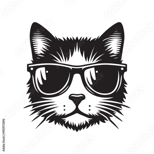 Cat head wearing sunglass silhouette vector illustration template