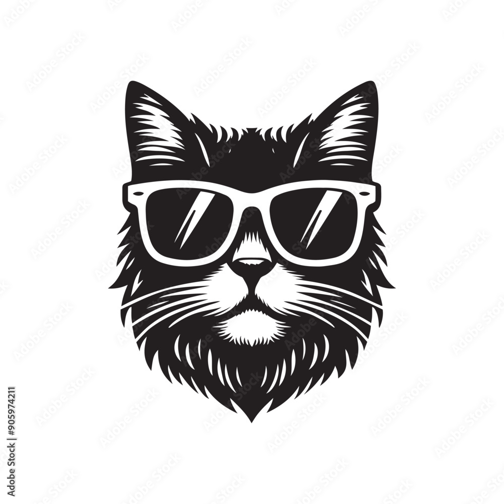 Cat head wearing sunglass silhouette vector illustration template Cat head wearing sunglass silhouette vector illustration template