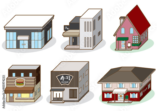 様々な店舗ビルの立体ベクターイラスト.