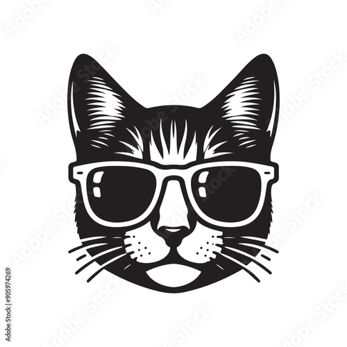 Cat head wearing sunglass silhouette vector illustration template