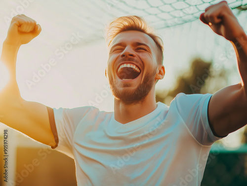 A soccer player exults in the thrill of scoring a goal, capturing the passion and excitement of the sport. The image showcases the raw emotion and triumph of the moment photo